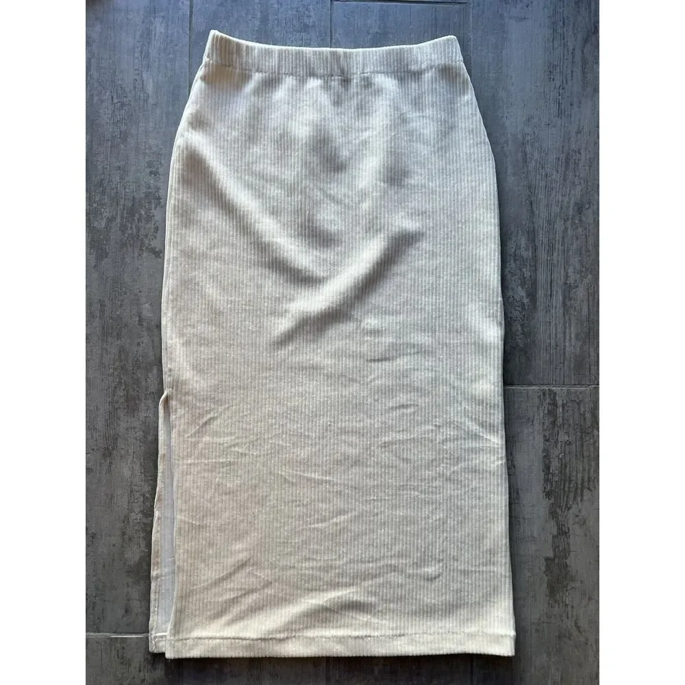 FREE PEOPLE Roxy Ribbed Pencil Midi Skirt Ivory Cream High Waist Designer M